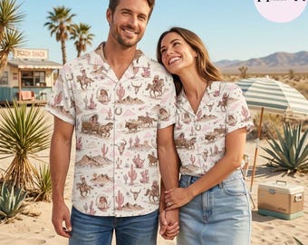 Pink Cowgirl Hawaiian Shirt, Vintage Western Button Down, Retro Desert Aesthetic Clothing, Cute Southern Girl Gift, Country Rodeo Camp Shirt