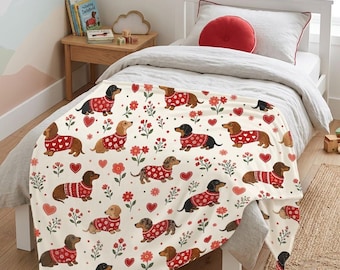Dachshund Heart Blanket, Valentine Wiener Dog Throw, Red Heart Fleece Blanket, Cozy Dog Lover Gift, Anniversary Gift