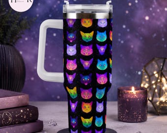 Galaxy Cat 40oz Tumbler, Colorful Neon Cat Travel Mug, Cosmic Kitty Insulated Cup, Space Lover Gift, Stainless Steel Tumbler
