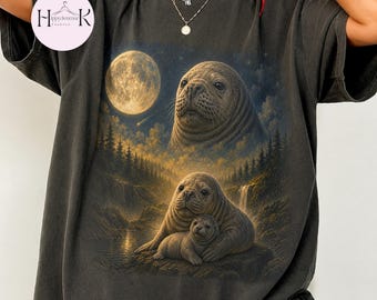 Seal Moon Shirt, Vintage Washed Graphic Tee, Sea Lion Mom and Baby T-Shirt, Coastal Nature Wildlife Tee, Ocean Lover Gift