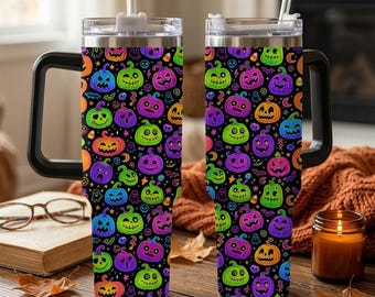 Neon Pumpkin Halloween 40oz Tumbler with Handle, Colorful Jack O Lantern Cup, Spooky Season Travel Mug, Halloween Gift