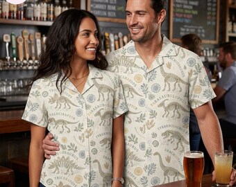 Vintage Dinosaur Fossil Hawaiian Shirt, Jurassic Dino Skeleton Aloha Shirt, Retro Paleontology Button Up, Dino Lover Gift