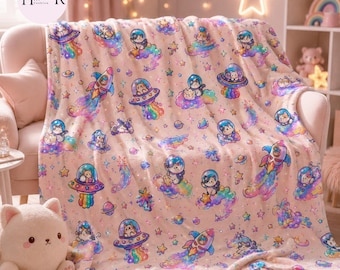 Cute Space Cat Blanket, Kawaii Galaxy Throw, Astronaut Kitty Fleece, Pastel Cosmic Blanket, Cozy Gift for Cat Lovers Kids