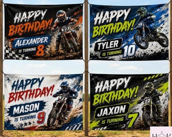 Custom Motocross Birthday Banner, Personalized Dirt Bike Racing Backdrop, Motorcycle Party Decor, Birthday Gift for Boys Any Age