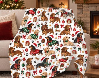 Christmas Wiener Dog Blanket, Cute Dachshund Throw Blanket, Holiday Doxie Plush Blanket, Sausage Dog Xmas Gift, Dachshund Lover Decor Home