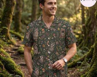 Raccoon Men Hawaiian Shirt, Cottagecore Button Down Shirt, Vintage Forest Animal Camp Shirt, Cute Mushroom Wildflower Aloha Shirt