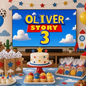 May include: A party setup featuring a television screen displaying the text Oliver Story 3, a round cake with star decorations on a red stand, cupcakes, treat bags, and balloons in red, yellow, blue, and white with black cow print patterns.