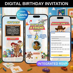 May include: Digital birthday invitation template on three smartphones. The design features a cowboy theme with the text "You've Got a Friend Who's 3". Includes an RSVP form and gift ideas. The invitation is editable in Canva.