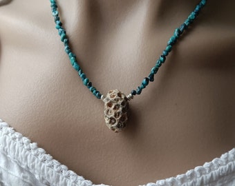 Fossil Pine Cone Necklace,Fossil Pine Cone, Fossil Pine Cone And Turquoise Necklace,Hubei Turquoise Necklace