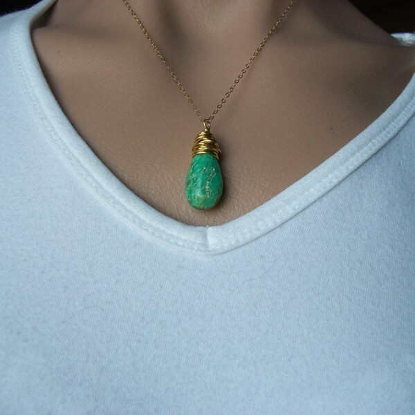 Lush Green Organic Chrysoprase Necklace,Gold Fill,Gold Vermeil,Green Gemstone,Chrysoprase,Raw Stone,Organic