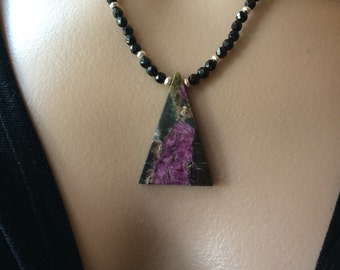 Serpentine In Stichtite Pendant Necklace, Serpentine And Faceted Onyx Necklace, Hill Tribe Silver