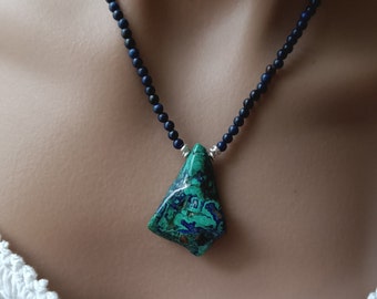 Azurite Malachite Necklace, Azurite Malachite, Azurite Malachite Pendant, Lapis Lazuli Beads,Azurite Necklace