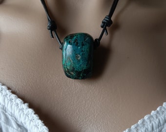 Chrysocolla Necklace, Chrysocolla And Leather Necklace, Large Chrysocolla Nugget Necklace