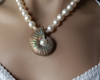 Ammonite Fossil Necklace, Ammonite And Pearl Necklace, Opalized Ammonite Fossil Necklace, Ammonite Fossil, Freshwater Pearls Necklace