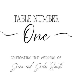 Op de afbeelding: Een witte trouwtafelnummerkaart met zwarte tekst. De kaart leest "TABLE NUMBER One" in elegant schrift. Hieronder staat "CELEBRATING THE WEDDING OF Jane and John Smith" in een sierlijk lettertype.