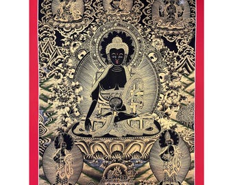 Hand-Painted Buddha Thangka Painting, Buddhist Wall Art Decor, Cotton Canvas, Gold Leaf