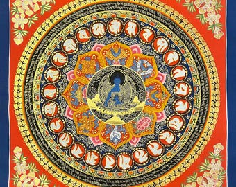Hand-Painted Medicine Buddha Thangka, Tibetan Buddhist Wall Art, Gold Leaf Cotton Canvas