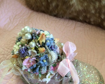 Vintage Refurbished Baby Shoe, Pink Glitter, Floral Millinery Decor
