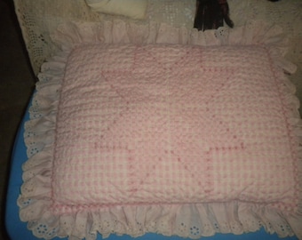 Lovely Cross stitched Gingham and Eyelet Pillow, Shabby Chic, Baby's Room, Pink