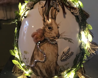 Handmade embellished light up egg,one of a kind egg display, bunny