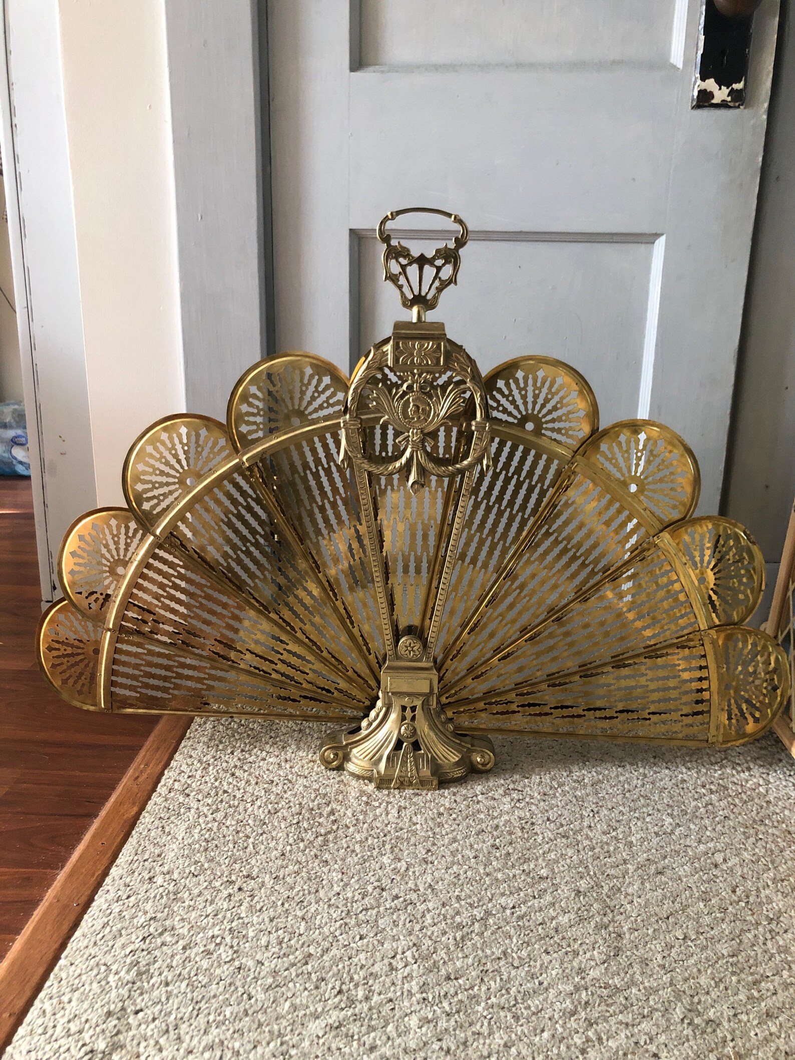Vintage Brass Fireplace Screen Brass Fan Fireplace Etsy