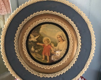 Antique Religious Scene Plate, Blessed Mary, Baby Jesus and Doves