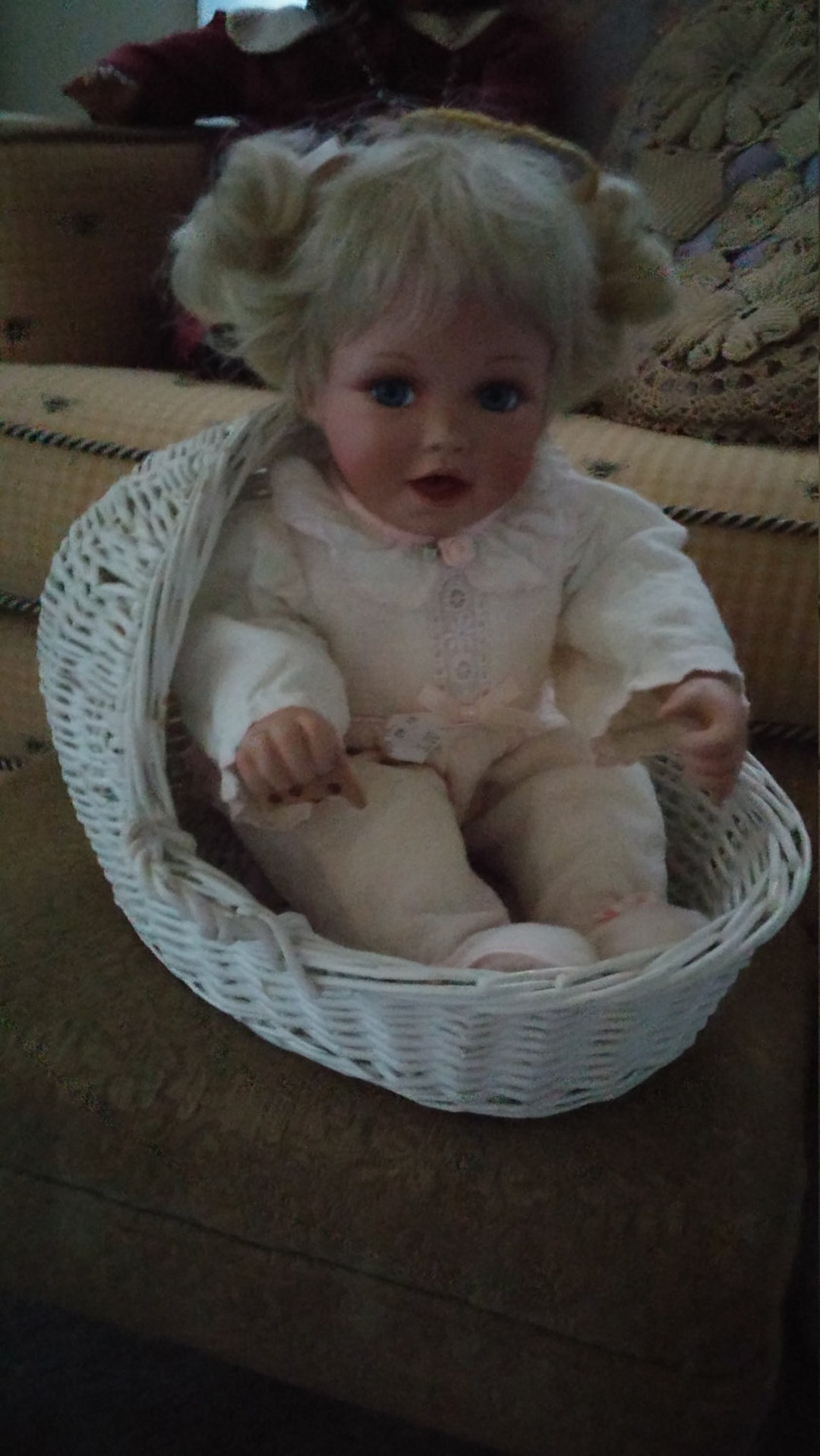 Adorable Vintage Porcelain Baby Doll With Bonus Chippy White Wicker