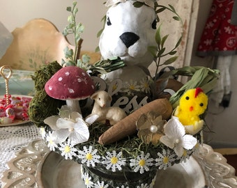 REDUCED.... Easter Decor, one of a kind, Easter Centerpiece, Crowned Rabbit, Chick, lamb, Blessed, Alice in Wonderland