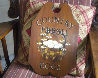 Hand Painted 1990's Country Fresh Eggs Wooden Plaque, Primitive, Country, French Country, Hand painted