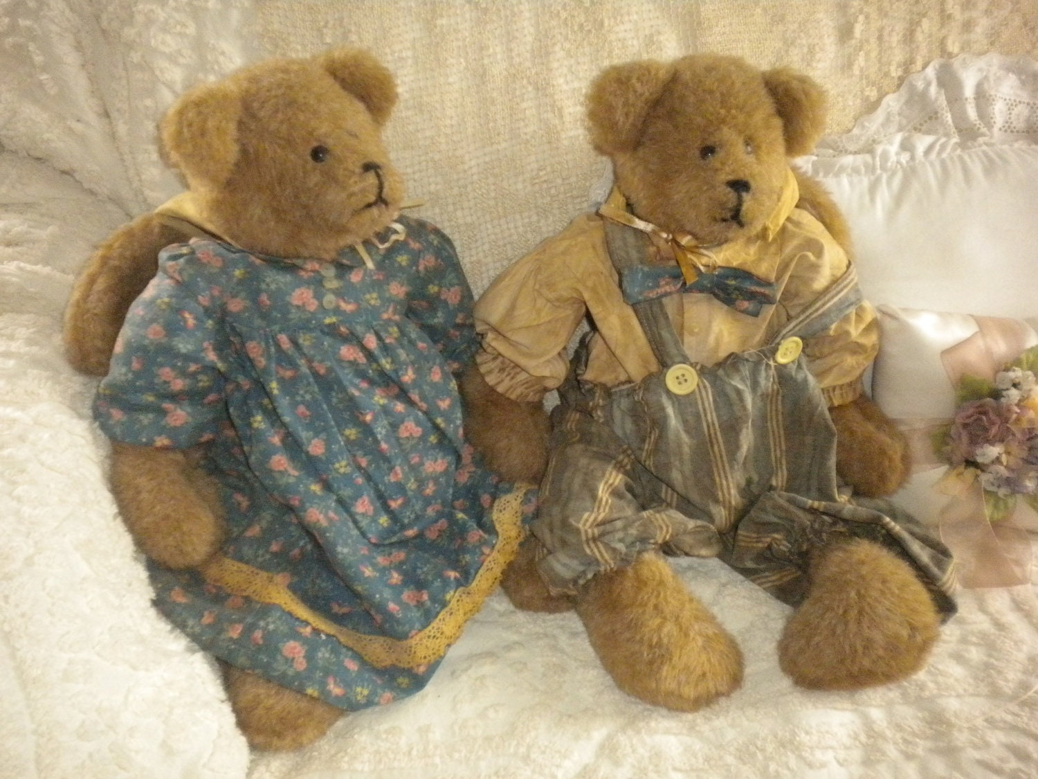 Handmade Bunny Bears, Tea-dyed Outfits, Primitive Decor, Set of 2