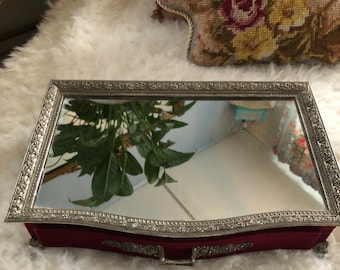 Victorian Trinket Box, Mirror, Velvet and metal 1 drawer Box, Mirror Box, Victorian Display Jewel Box,Ornate Box