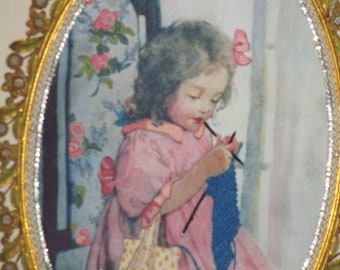 Ormolu Frame Needlepoint Art, Girl Knitting, OOAK Design, Antique
