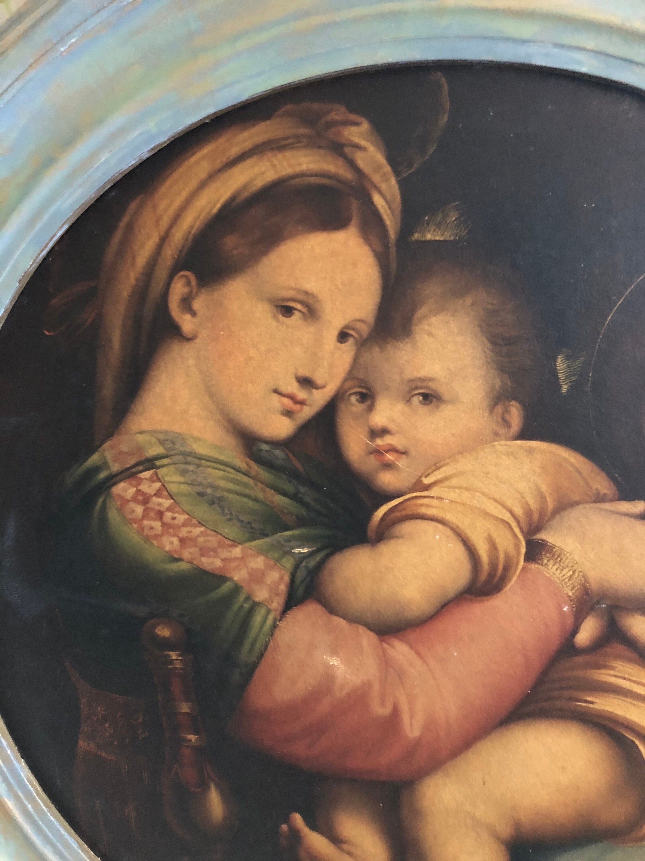 セール.アンティークの聖母子像の壁飾り、丸型フレーム、木製