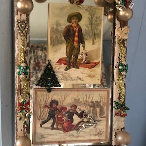 VERKOOP.... Antieke kerstspiegel, vintage kerstspelden. Kerstballen, hert, wanddecoratie, antieke ansichtkaarten