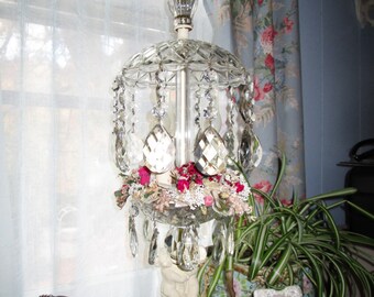 SALE.....Amazing ONE OF A kind Vintage Metal Cherub ,Crystal, Prisms, Vintage Millinery Flowers, Waterfall Lamp, French, Hollywood Regency