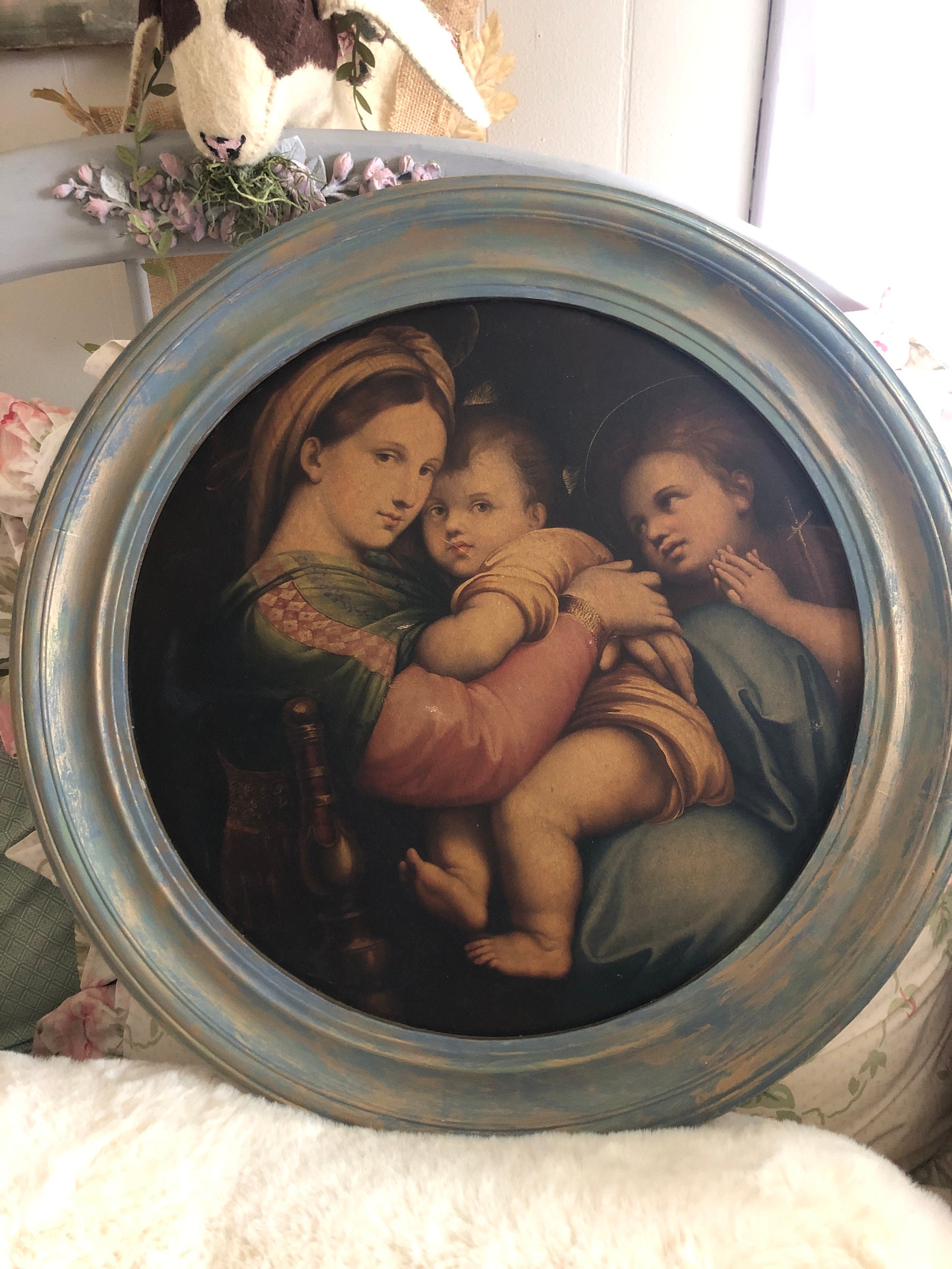 セール.アンティークの聖母子像の壁飾り、丸型フレーム、木製