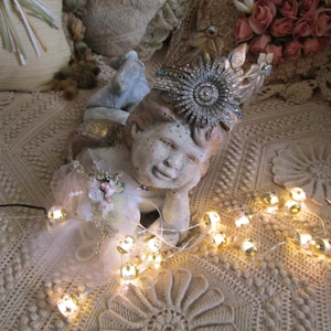 Vintage Cement Crowned Cherub, OOAK Cherub, Winged Cherub, Thinking Cherub, Vintage Cement, Weathered Cement