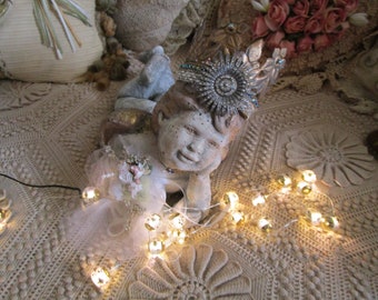 Crowned Cherub, Vintage Cement Cherub Statue, Chalk Painted Crowned Angel