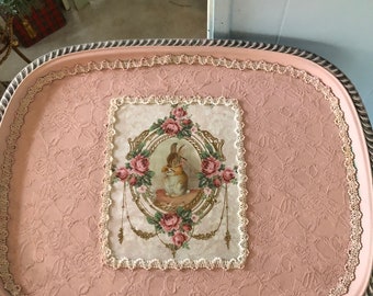 XL Silverplate Upcycled Tray, Bunny/Lace Tray, One of a Kind XL Tray. Pink TRay