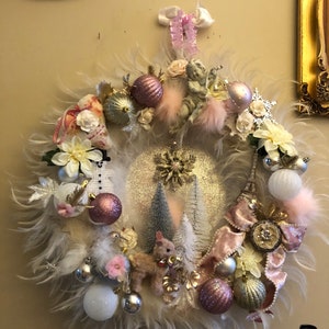 REDUCED....Shabby Chic Christmas Wreath, Feather white wreath, Handmade Wreath, Bottle Brush Trees, Pink Christmas