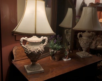 Beautiful Set of Lamps, Carved flowered Urn Lamps, Heavy Resin Lamps with Shades and Finials