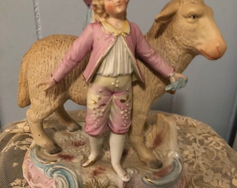 SALE,,,Antique Victorian Statue, Porcelain Vintage Statue, Victorian Victorian Boy and Lamb Statue, RARE