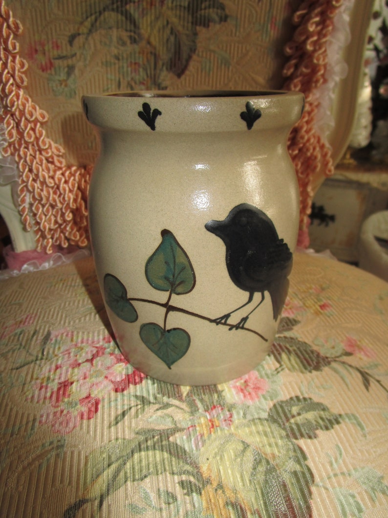 Crow and Leaves Pottery crock Primitive Decorutensil Holder Etsy