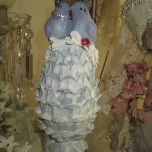 Crowned Birds, OOak Birds on Pinecone Figurine, Eclectic Decor, Blue Birds, Welcome Birds, Beach, Courting Birds. Hand painted Birds