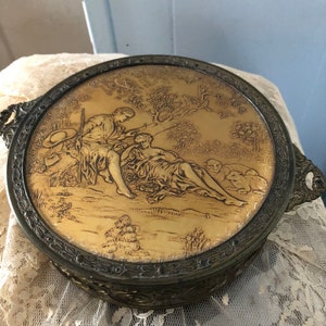 Antique RARE Etched Trinket Box, Victorian Ormolu Trinket Box, Glass Insert Ormolu Trinket Box