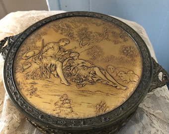 Antique RARE Etched Trinket Box, Victorian Ormolu Trinket Box, Glass Insert Ormolu Trinket Box