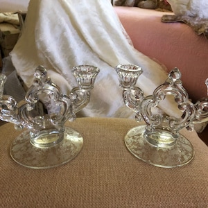 Beautiful Vintage etched glass double candlesticks, set of candlesticks
