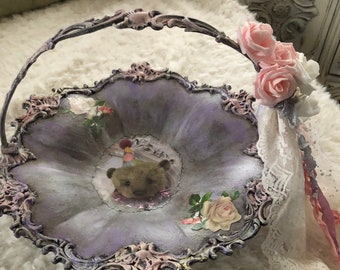 Charming recycled siver plate Ornate Bowl, Doll Collector, Bear Room, Wedding Basket, Flower Girl Basket