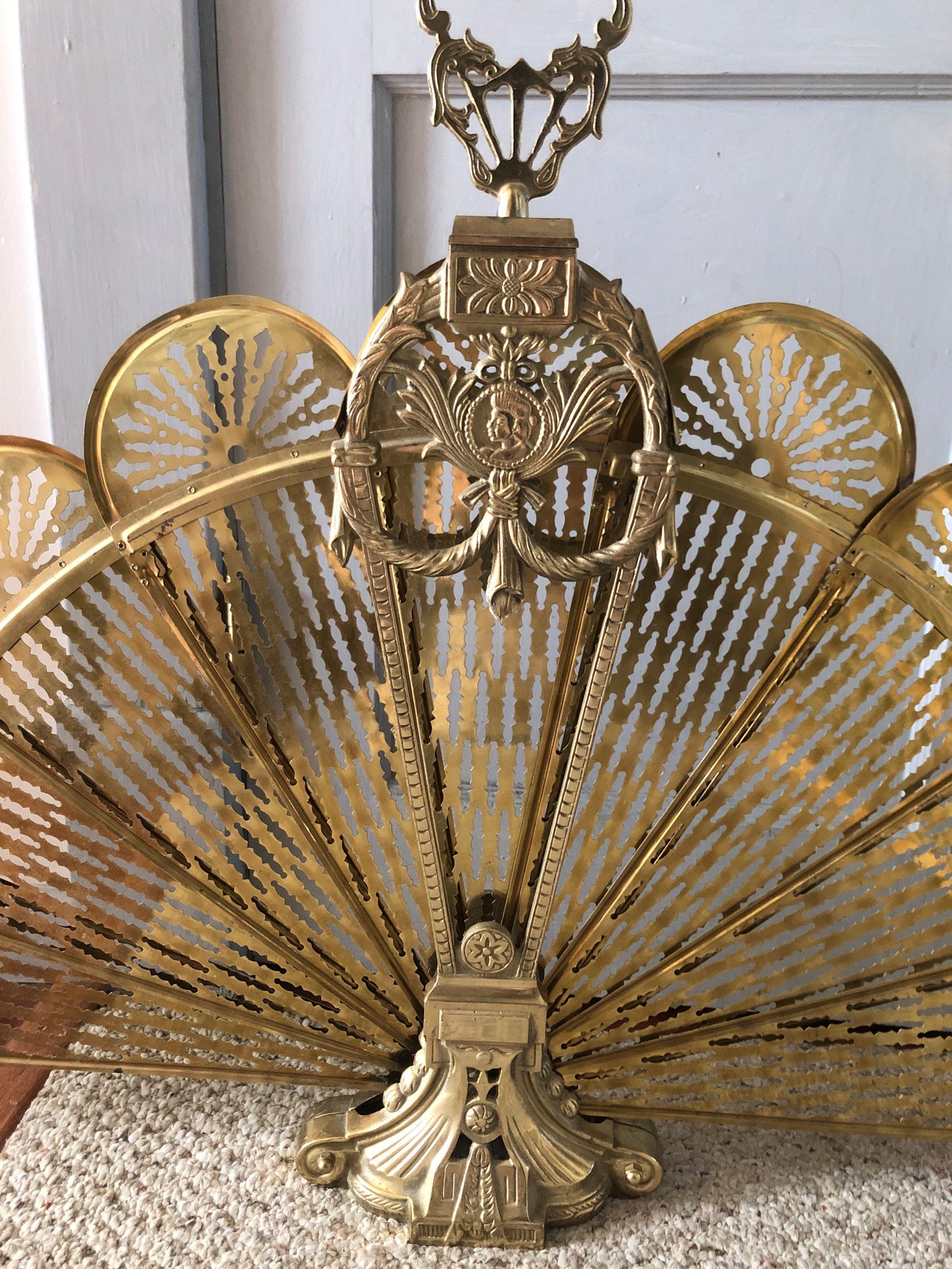 Vintage Brass Fireplace Screen Brass Fan Fireplace Etsy