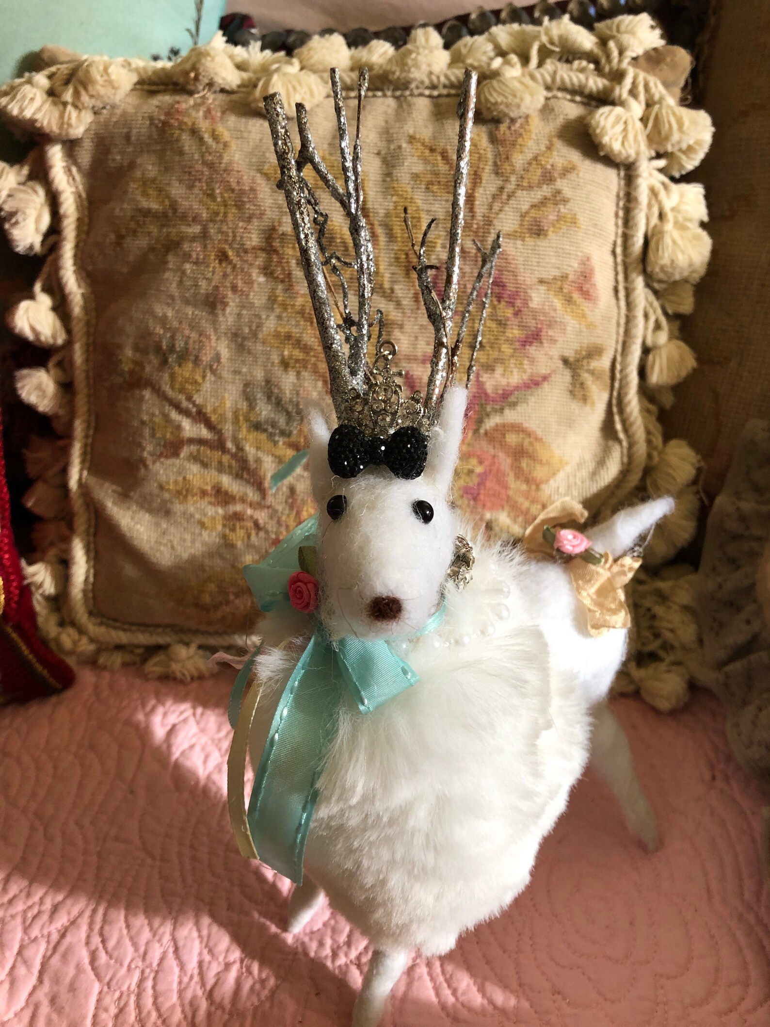 White Shabby Chic Deer Embellished Deer Crowned Deer Etsy